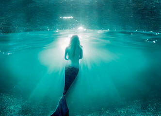 View of a mermaid swimming under the surface in the water. Sun rays crossing the surface of the ocean. Beautiful fantastic creature with a fish tail living in the sea. 3D illustration. - obrazy, fototapety, plakaty