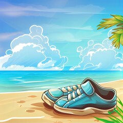 Obraz na płótnie Canvas Sandy Beach. Summer Background with Sand Shoe, Sea or Ocean and Sky with Clouds. Tropical Landscape for Travel and Vacation Banner.
