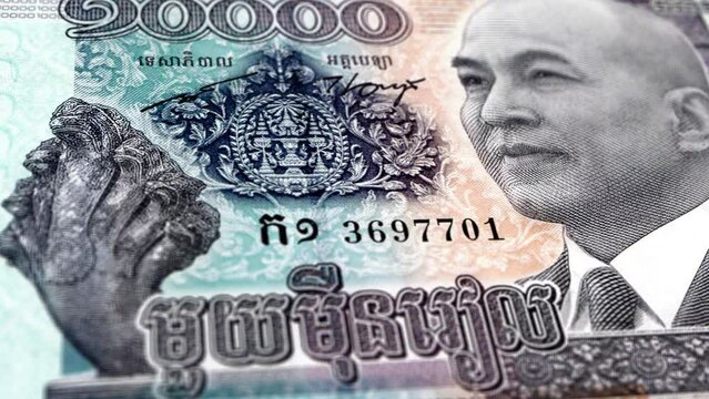 Cambodia Cambodian Riel 10000 Banknotes, Ten Thousand Cambodian Riel, Close-up and macro view of the Cambodian Riel, Tracking and Dolly Shots 10000 Cambodian Riel banknote Observe and Reserve Side