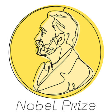 Nobel Prize in one line with a golden silhouette. Honorable Achievement in the Field of Scientific Achievement. Vector editorial illustration portrait of Alfred Nobel.