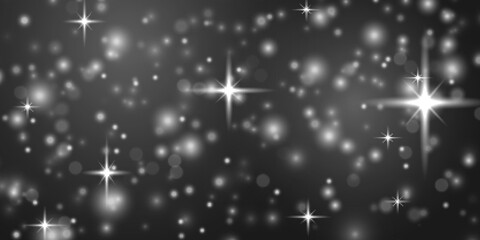 Blur white sparks and glitter special light effect. Fine, shiny bokeh dust particles fall off slightly. Defocused silver sparkle, stars and blurry spots. Magical flickering lights. Vector illustration