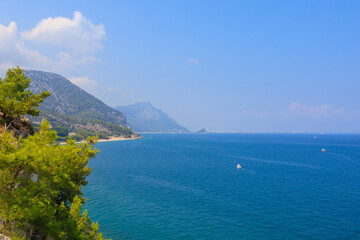 Very beautiful rocky Turkish Mediterranean coast in Beldibi district of Kemer, Antalya province in Turkey