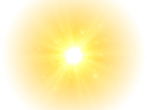 The yellow sun, a flash, a soft glow without departing rays. Orange summer sunlight burst. Summer sunburst. Shiny hot star lights, summer concept gold bright and vibrant color background. Vector