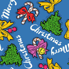Fototapeta premium Christmas and New Year seamless pattern for wrapping paper, fabric print, textile design, decorative elements. Pine tree with xmas decoration. Hand drawn illustration. Cartoon style drawing.