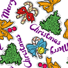 Christmas and New Year seamless pattern for wrapping paper, fabric print, textile design, decorative elements. Pine tree with xmas decoration. Hand drawn illustration. Cartoon style drawing.