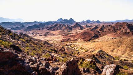 Fototapeta na wymiar Sara Mountain Park trails arid desert landscape with red rock sandstone formation in Lake Havasu City, Arizona
