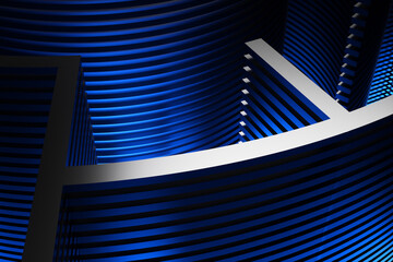 Close-up of an abstract neon maze on a blue background. 3d rendering illustration.