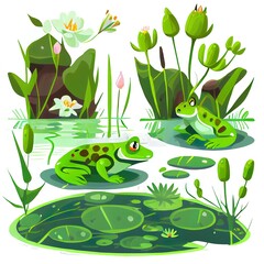 Fototapeta premium Cartoon frogs. Green cute frog, egg masses, tadpole and froglet. Aquatic plants water lily leaf, toads wild nature life . Reed and flowers. Character on pond catching insect