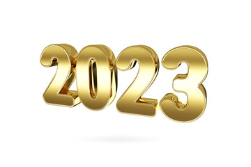 2023 Happy New Year gold metal sign. Realistic 3D 2023 signage for New Year celebration design.3d rendering