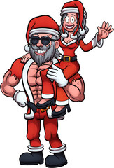 Fototapeta na wymiar Strong Santa Claus Lifting Mrs. Claus. Vector clip art illustration with simple gradients. All in one single layer.