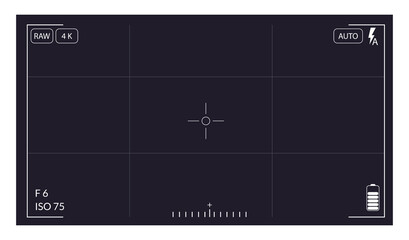 Camera viewfinder. Focusing screen recording. Black screen camera with video shooting parameters, photo quiality indicators. Digital zoom recording for modern bloggers