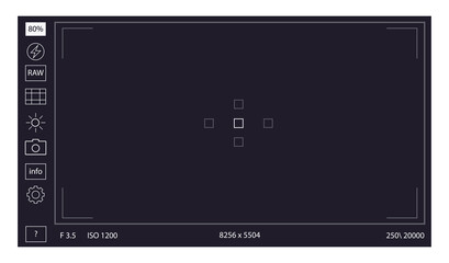 Camera viewfinder. Focusing screen recording. Black screen camera with video shooting parameters, photo quiality indicators. Digital zoom recording for modern bloggers