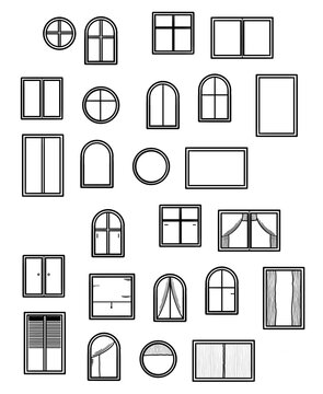 25x Fenster - leer - mit verschiedenen Griffen Gardinen Jalousien - Element Hausbau - Fensterbau - Icons Zeichen Symbole Cliparts 