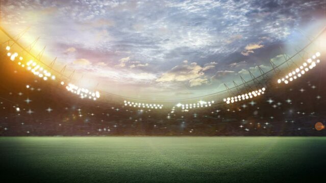 stadium Moving lights, animated flash with people fans. 3d render illustration cloudy sunset