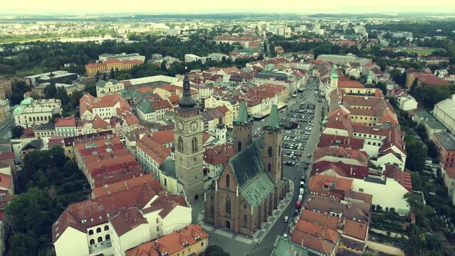 Aerial view of Hradec Kralove historic city centre, over the bridge and river