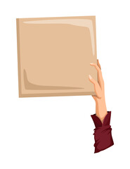 Hand holding empty placard with place for text. Person hand holding blank banner or card. Isolated illustration can be used for competition, news, tournament or contest