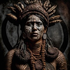 Obraz premium Portrait of an Indian warrior made of chocolate, the man decorated with feathers beads and headbands made by hand from chocolate. Chocolate makeup.