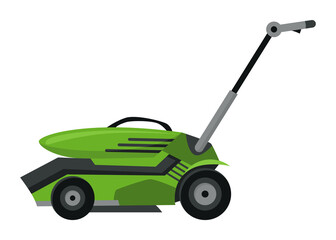 Lawn mower machine in green color. Trimming, pruning and cutting grass electric or petrol mower work tool for garden. Flat cartoon icon isolated on white background