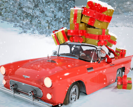 Santa Claus in the car bringing presents, winter background with snow