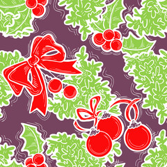 Christmas and New Year seamless pattern for wrapping paper, fabric print, textile design, decorative elements. Pine tree with xmas decoration. Hand drawn illustration. Cartoon style drawing.