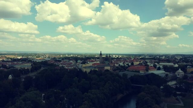 Aerial view of Hradec Kralove historic city centre, over the bridge and river