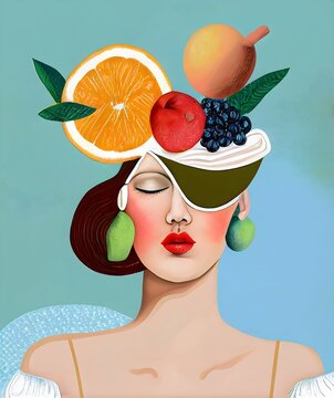 AI generated digital art of a lady with mango earrings and different fruits as a part of her head