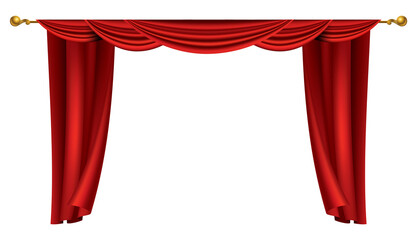 Red curtains realistic. Theater fabric silk decoration for movie cinema or opera hall. Luxury curtains and draperies interior decoration object. Isolated on white for theater stage