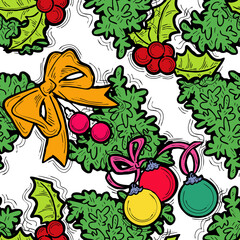 Christmas and New Year seamless pattern for wrapping paper, fabric print, textile design, decorative elements. Pine tree with xmas decoration. Hand drawn illustration. Cartoon style drawing.