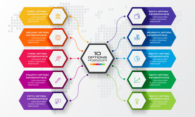 Hexagon infographics template with 10 options in white color background