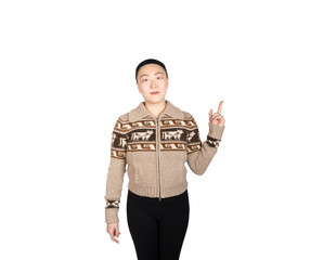 Chinese Japanese Asian woman standing smiling happy  points up gestures and presents up in a fall autumn winter holiday Christmas rustic knit sweater in studio on white background with room for copy