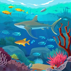 A of marine and oceanic habitats in the center of which is a gray shark. Beautiful coral reef and tropical fish on a blue sea background. Color flat illustration