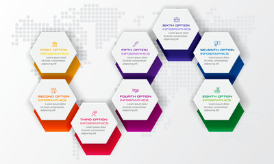 Hexagon infographics template with 8 options in white color background