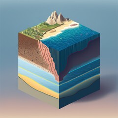 A cross-section cutaway of the Earth in geological levels with atmosphere, ocean floor and subsurface layers under the sea. Isolated on a blue background. 3D illustration with copy space.