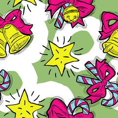 Christmas and New Year seamless pattern for wrapping paper, fabric print, textile design, decorative elements. Pine tree with xmas decoration. Hand drawn illustration. Cartoon style drawing.