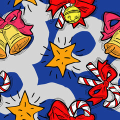 Christmas and New Year seamless pattern for wrapping paper, fabric print, textile design, decorative elements. Pine tree with xmas decoration. Hand drawn illustration. Cartoon style drawing.