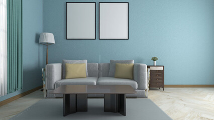 A modern living room with wall frames mock-up. 3D rendering
