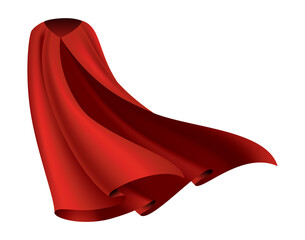 Superhero red cape. Scarlet fabric silk cloak in front view. Carnival masquerade dress, realistic costume design. Flying Mantle costume