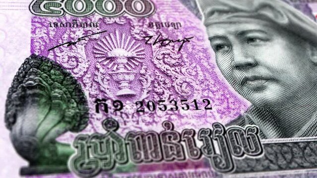 Cambodia Cambodian Riel 5000 Banknotes, Five Thousand Cambodian Riel, Close-up and macro view of the Cambodian Riel, Tracking and Dolly Shots 5000 Cambodian Riel banknote Observe and Reserve Side