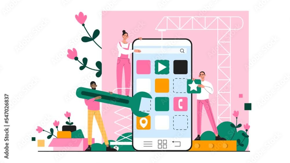 Poster user interface design video concept. moving men and women create user interface template for applica