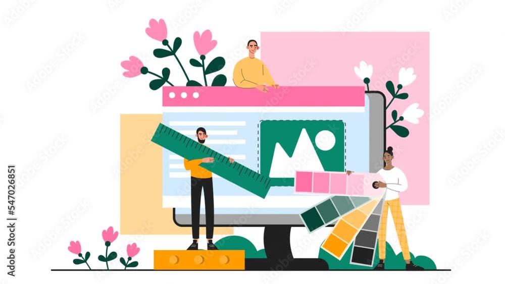 Aufkleber user interface design video concept. moving male and female creative employees create stylish layout