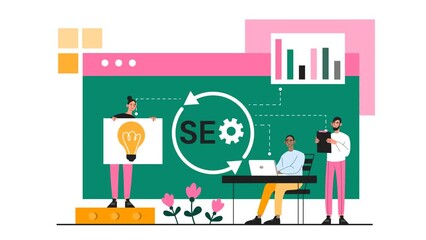 Website SEO optimization concept. Group of moving marketers develop ideas for promoting company on social networks and Internet. Advertising and customer acquisition. Flat graphic animated cartoon