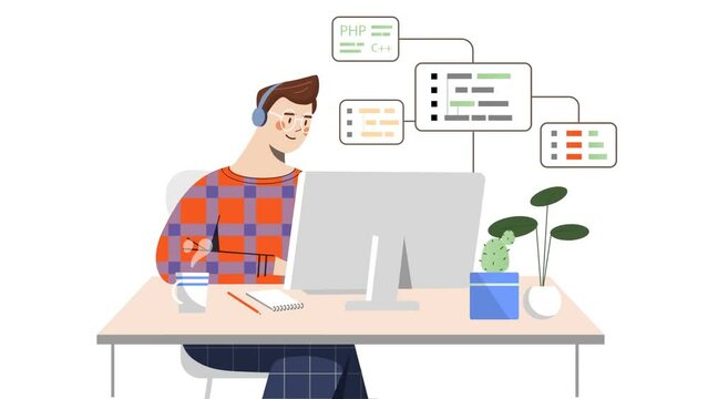 Online lesson video concept. Young moving man listens to remote course or webinar on programming or coding. Character developing website or application on computer. Flat graphic animated cartoon