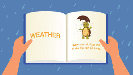 Hands of preschooler holding book. Learn English or expand vocabulary with wise Turtle. Education and training. Little child student reads dictionary in rainy season. Cartoon flat vector illustration
