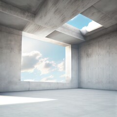 Concrete architecture background. Minimalistic empty room with cloudy sky. 3d render illustration
