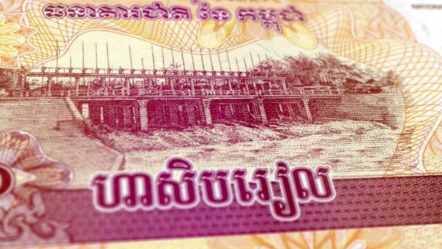 Cambodia Cambodian Riel 50 Banknotes, Fifty Cambodian Riel, Close-up and macro view of the Cambodian Riel, Tracking and Dolly Shots 50 Cambodian Riel banknote Observe and Reserve Side, Cambodian Riel