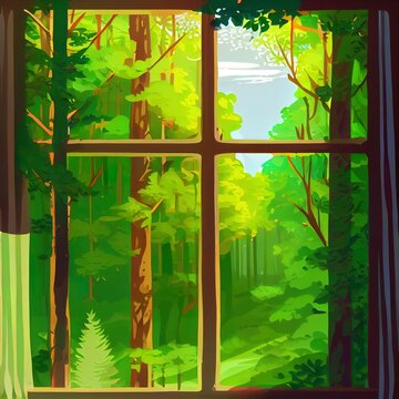 Peaceful forest view out of the window frame. Calm relaxing scenery. Digital artwork of soothing beautiful trees. Comfy home. Green nature landscape.