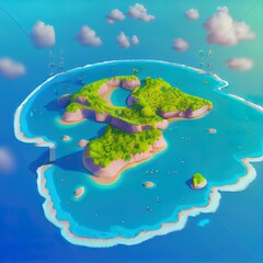 Fototapeta na wymiar Aerial view of realistic small exotic atoll islands archipelago in the open ocean sea. Beautiful nature landscape background. 3D illustration.
