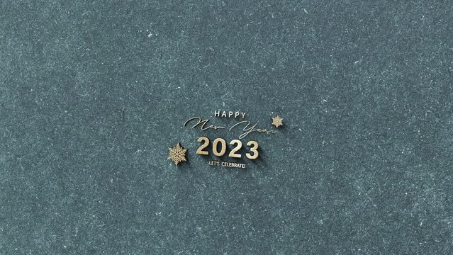 3D animation of 2023 Happy New Year glittering gold crome text on wood paper texture cinematic title. Ending cover for end scence trailer winter snow, Christmas and New year event background