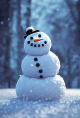 Obraz premium Smiling snowman in winter, wearing a hat.