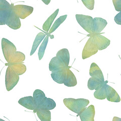 delicate butterflies, drawn in watercolor, collected in a seamless pattern on a white background. for wallpaper, invitations, wrapping paper.